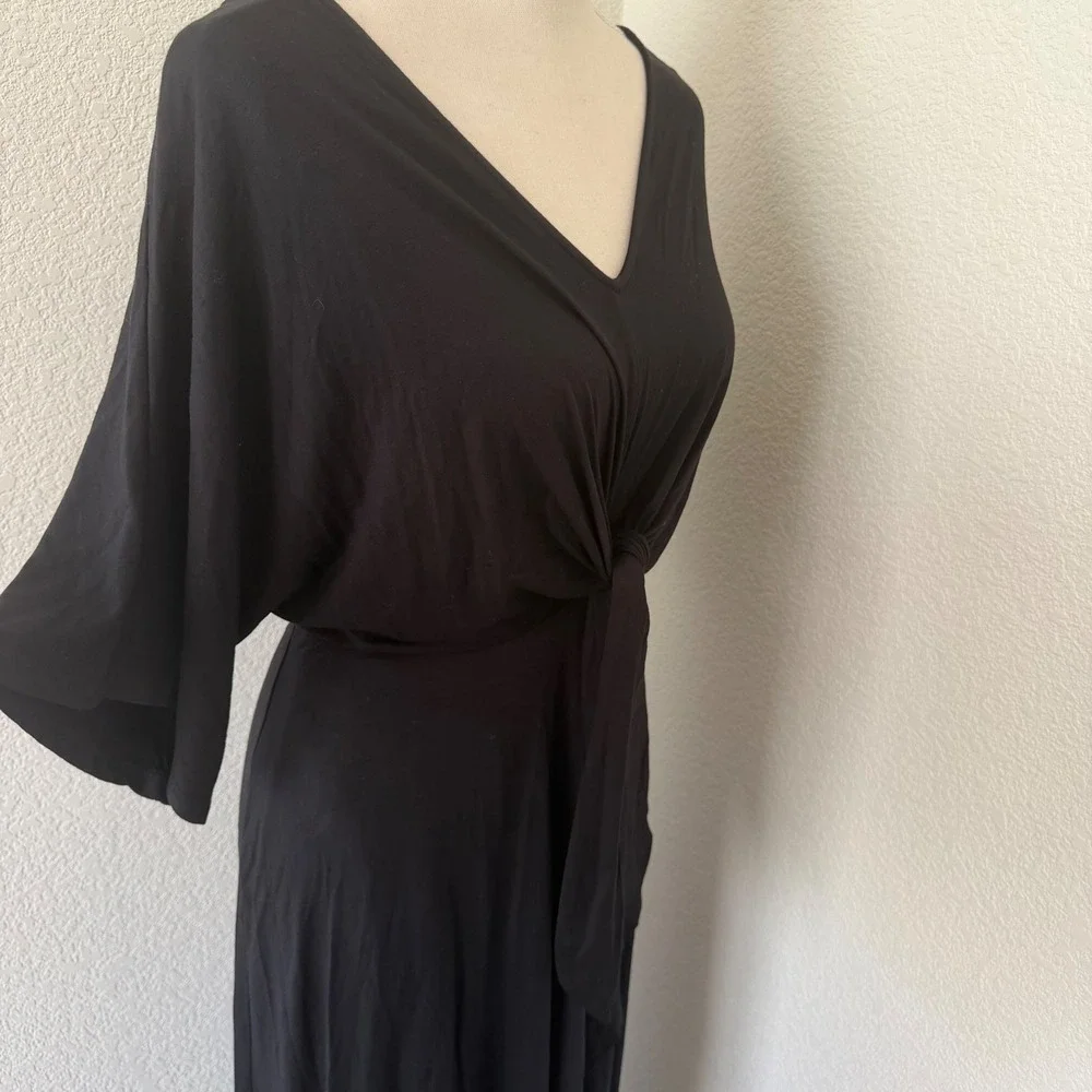 Farrow Midi Dress Womens Med Black Tie Front Kimono Sleeve Tulip Hem Wrap Look‎